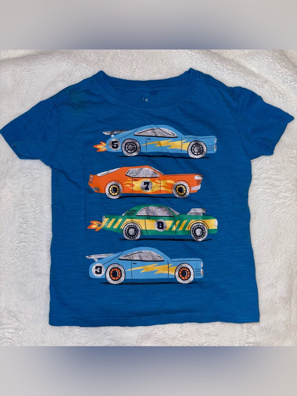 Blue Kids Tee with Colorful Racing Cars